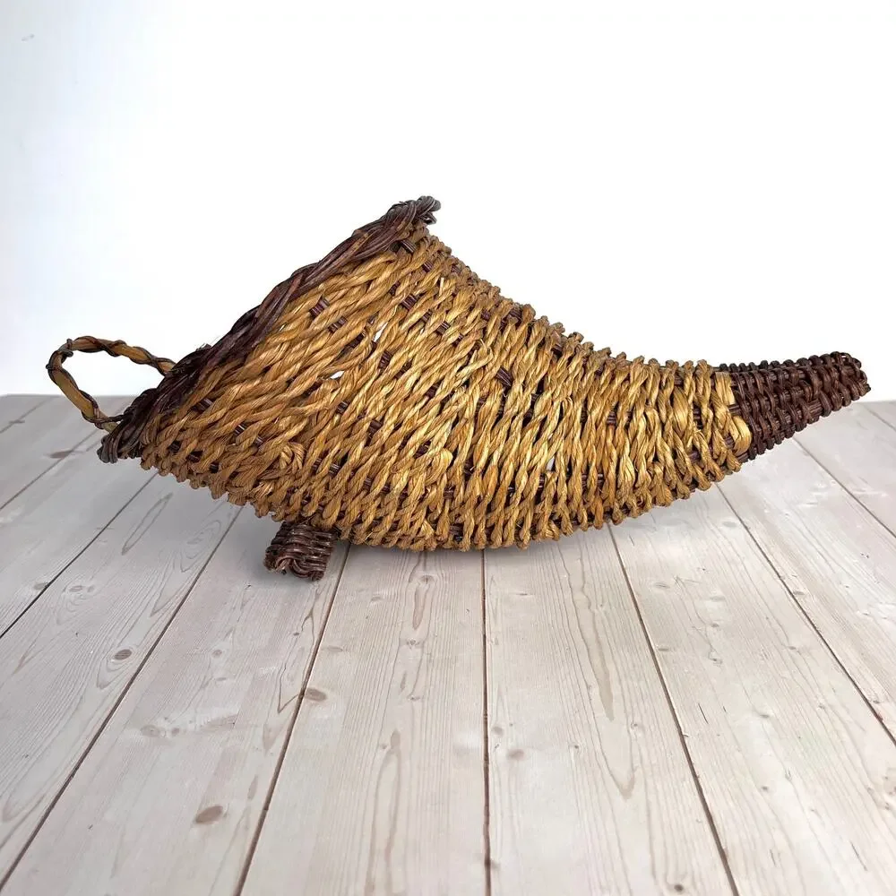 Vintage Woven Wicker Cornucopia Two Tone Footed Horn of Plenty Country Farmhouse